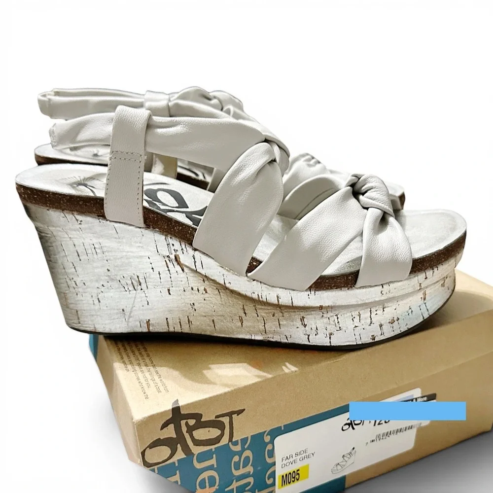 OTBT Far Side Dove Grey Leather Knotted Bow Platform Wedge Sandals Womens 9.5